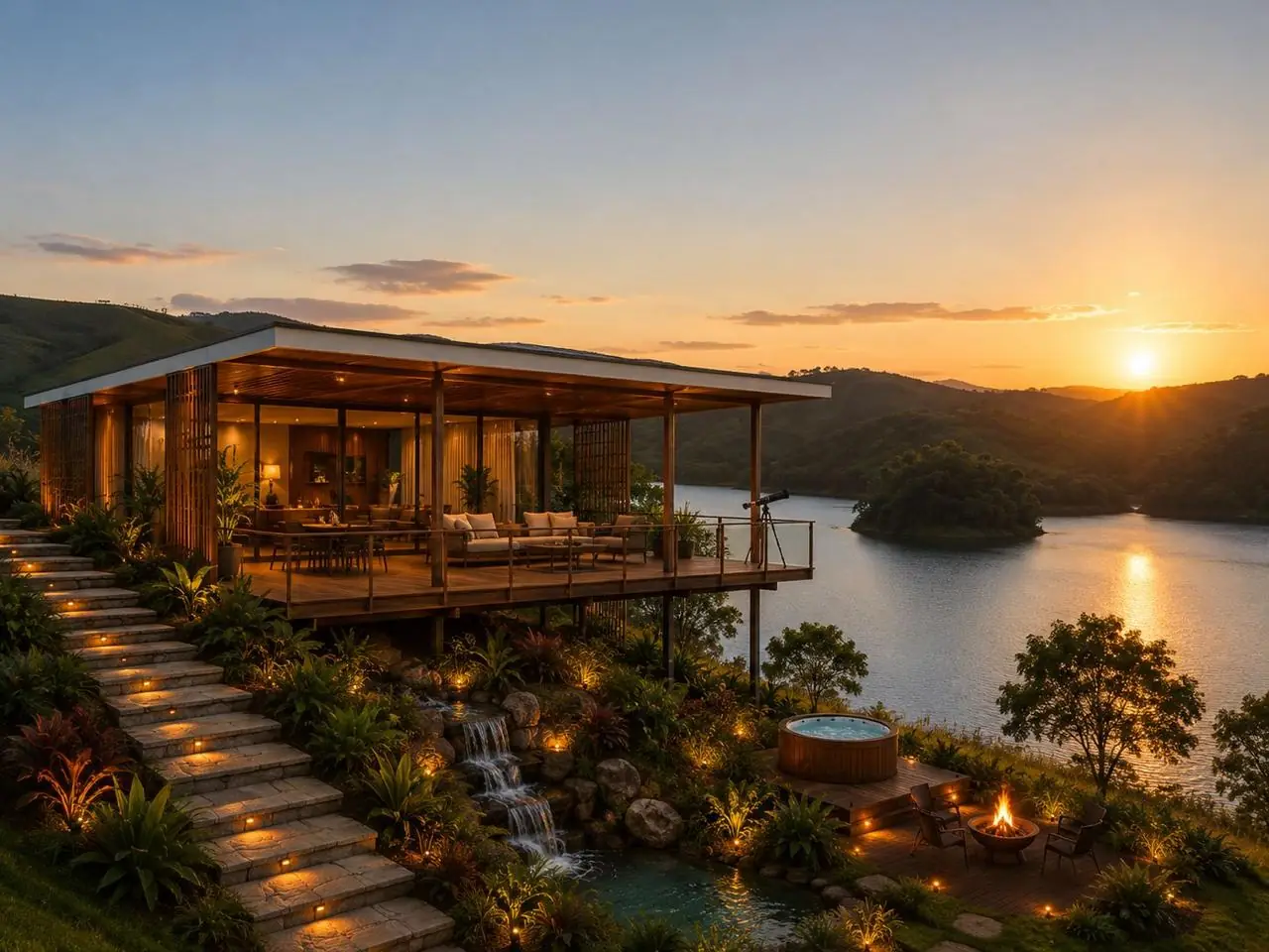 Casa moderna integrada à represa